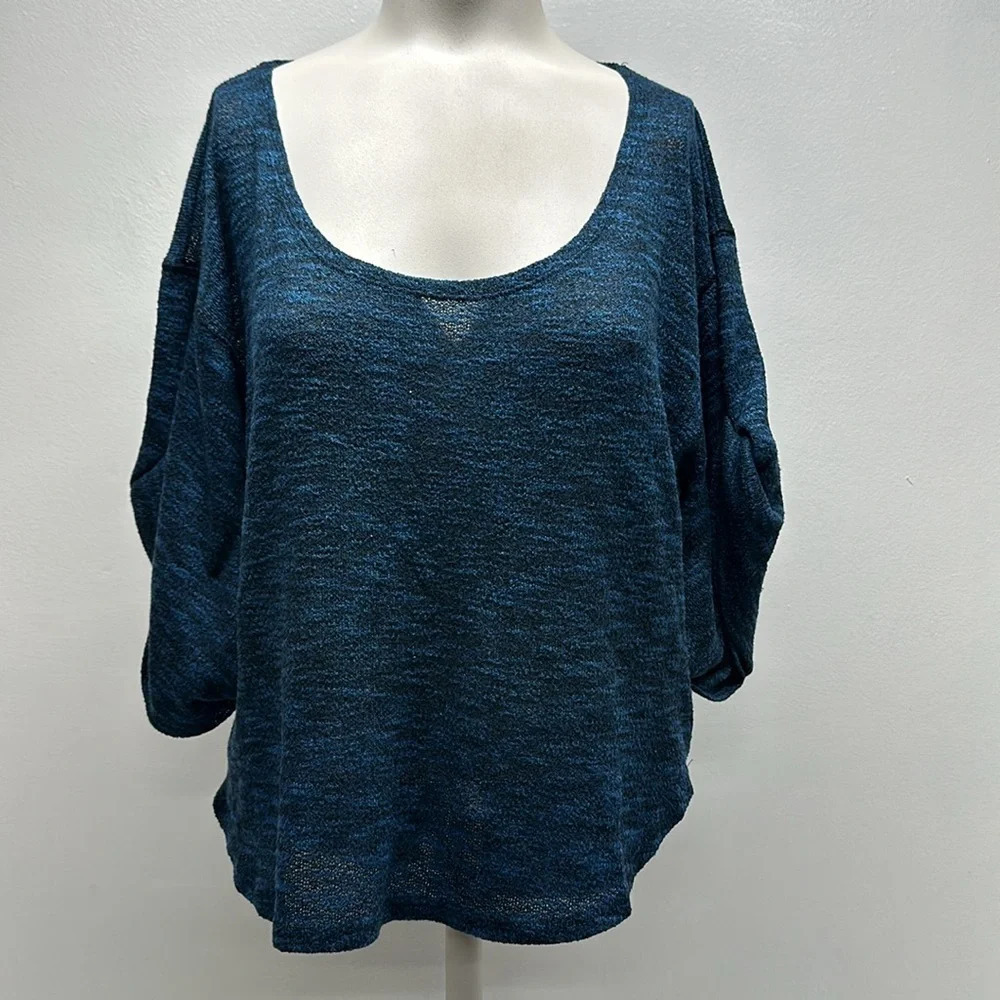 Free People FP Beach Shirt Blouse Top Short Sleeve Knit Black Blue Size Small